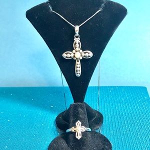 Sterling Cross Necklace and Ring Sz 8